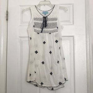White with navy thread detail mini dress